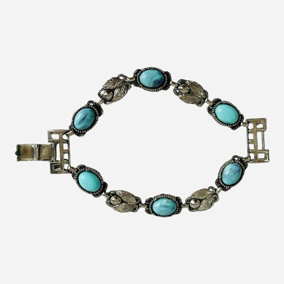 7.5" Vintage Double Layered Turquoise Silver Tone Panel Link Cuff Bracelet - Picture 3 of 6